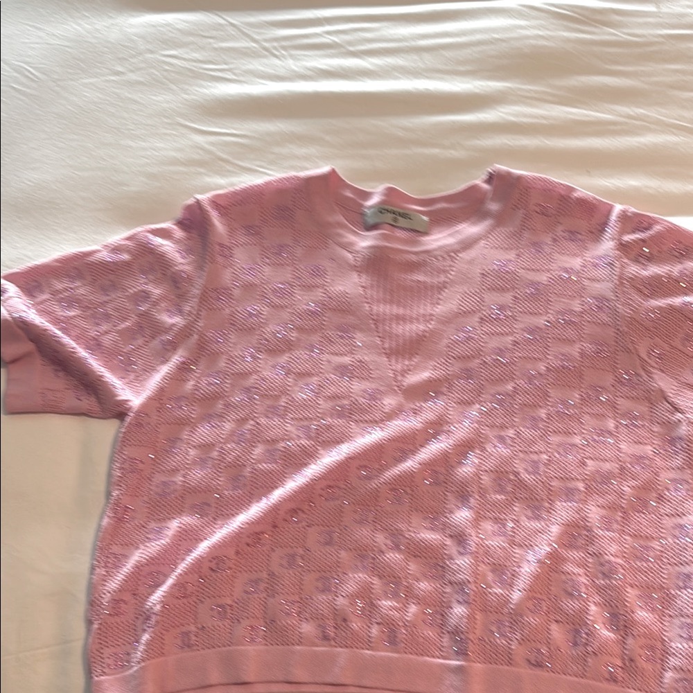Chanel light pink w cc crystals fine knit short sleeve sweater small